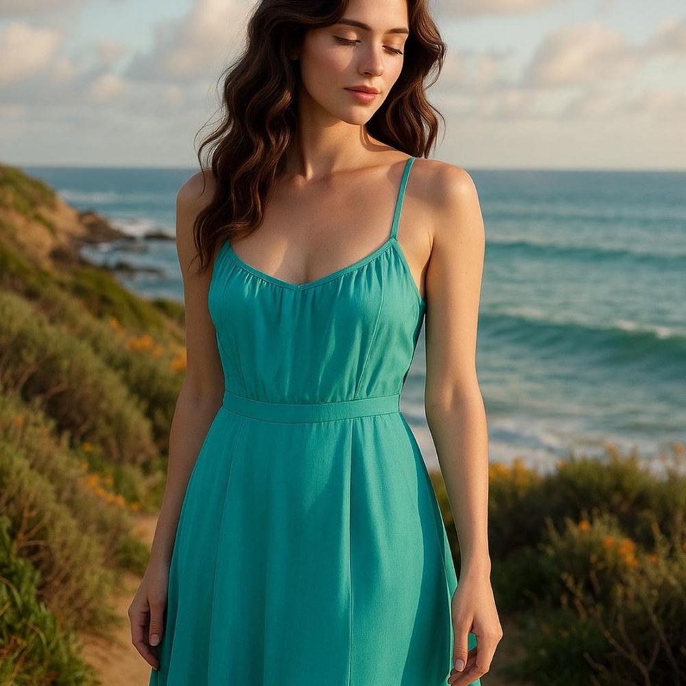VINTAGE 70s JT JODY of California Spaghetti Strap Mermaid Dress Teal
